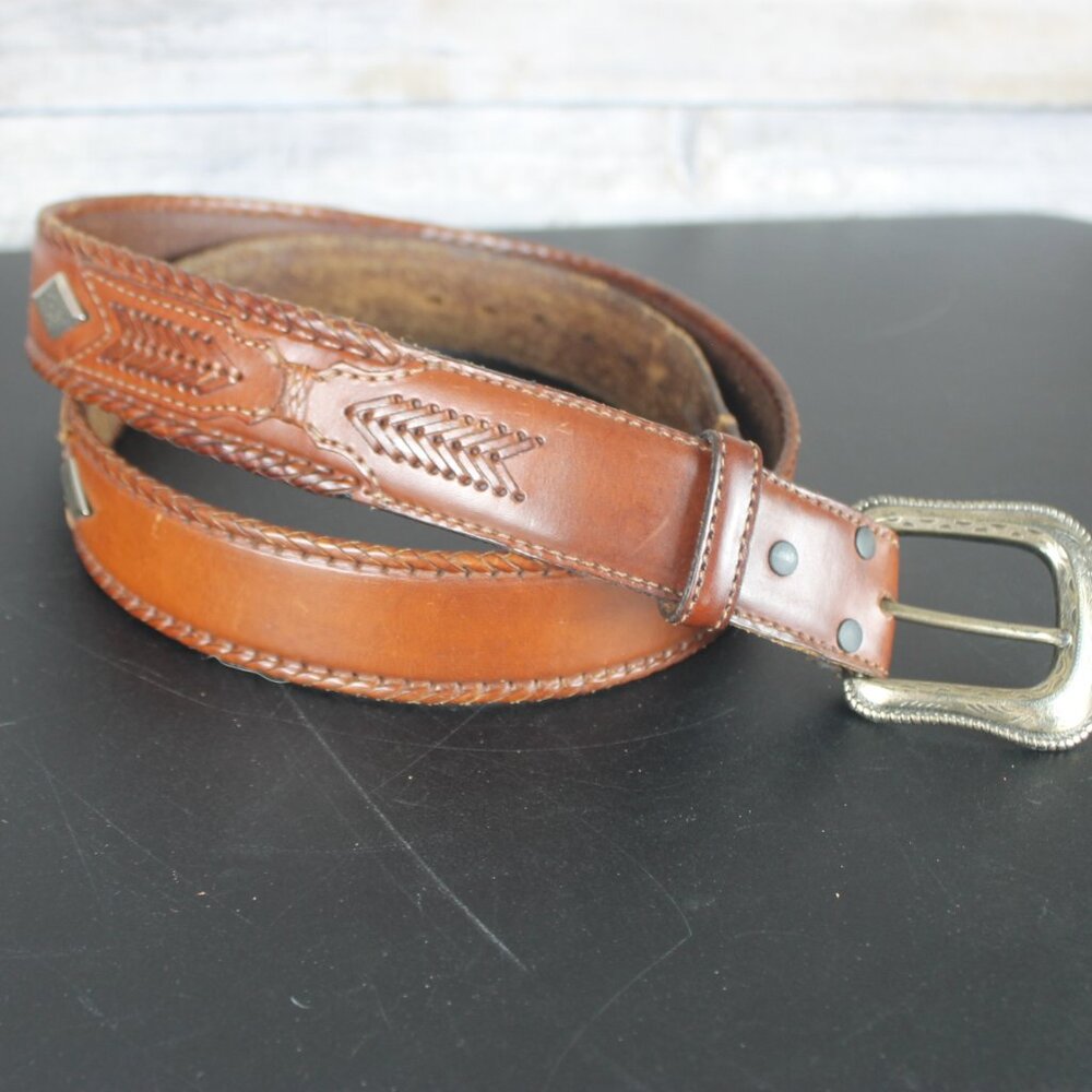 Wrangler Brown Leather Belt Men Silver Buckle 1.5 inch Wide Western Size 44/110
